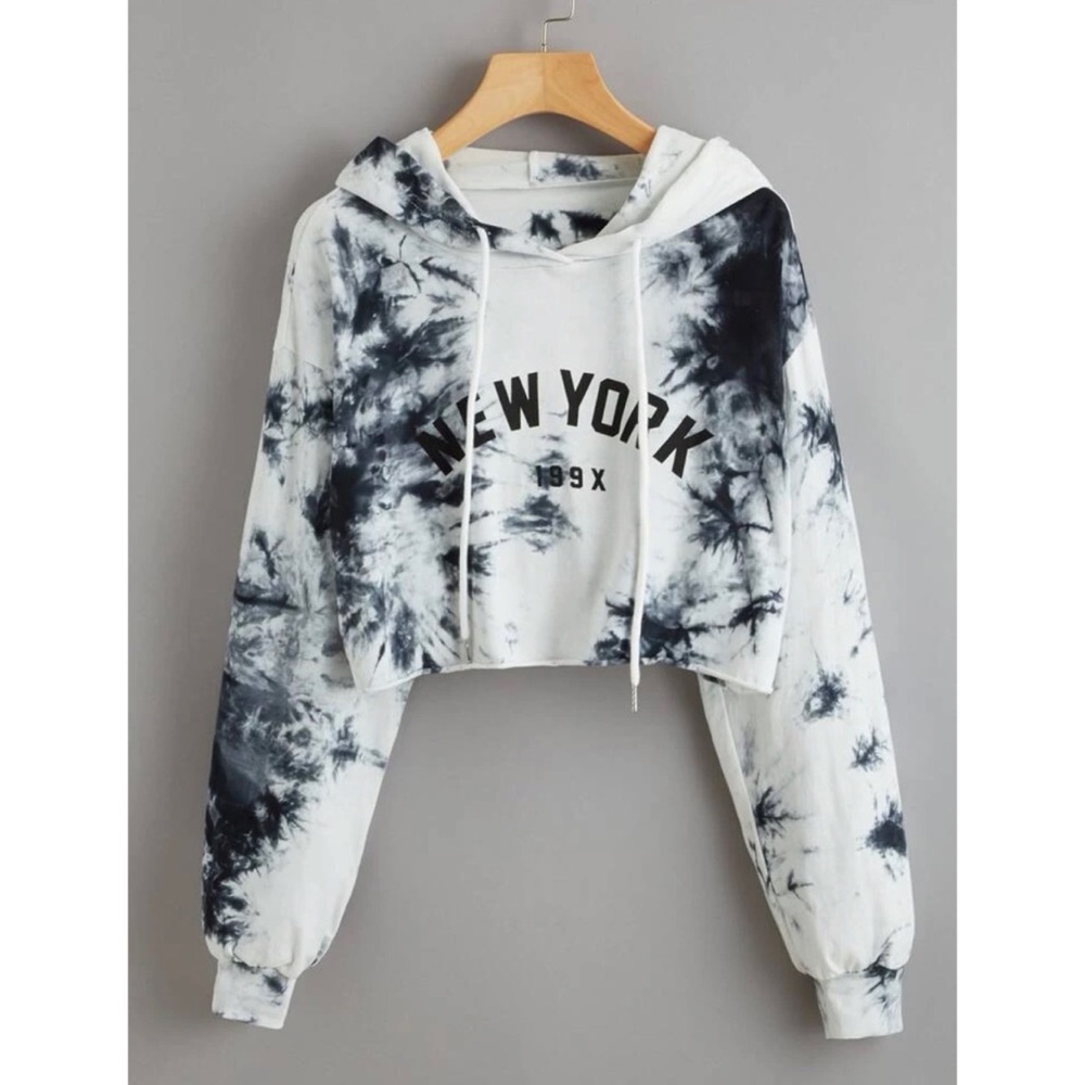 Black and white tie dye New York cropped hoodie